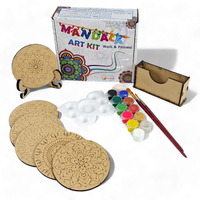 Stepstodo Wooden Mandalas Paint Kit E. Tea Coaster Set. Mandal Art. Set Of 6 Of Wooden Circular Base Of 4 Inch. With Wooden Case, Colours, Painting Brush And Dish