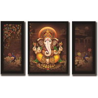 Lifehaxtore Ganesha Art Framed Painting | Uv Textured | 3 Panel Painting | Ready To Hang- (Wood, 24 Inch X 18 Inch)
