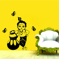 Sticker Yard Bal Krishna With Butterflies Wall Sticker & Decal (Color - Black Matte Finish Pvc Vinyl Size -91Cm X 104Cm)