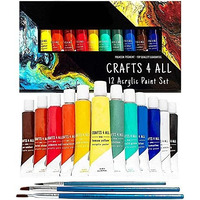 Crafts 4 All Acrylic Paint Set For Kids And Adults - 12 Pack Of 12 Ml Craft Paint Colors For Wood, Canvas, Fabric And Ceramics W/ 3 Different Sized Brushes - Art Supplies, Multi
