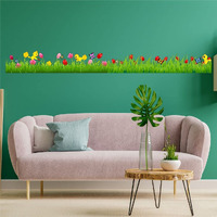 Cvanu Beautiful Colourful Flower Bird Design Green Grass Wall/Border Sticker Spring Flowers Pvc Transparent Vinyl For Home Decoration Size (270X29) Cm_Multicolour