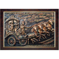 Dharvika Innovations Krishna Arjun Mahabharat Rath Painting Vinyl Sparkle Coated Home Decorative Gift Item With Synthetic Frame 2587 (14X20 Inch) (Design 5, Brown Frame)