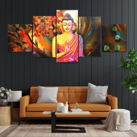 Perpetual Buddha Paintings For Wall Decoration - Set Of Five, 3D Scenery Vastu Painting For Living Room Large Size With Frames For Home Decoration, Hotel, Office