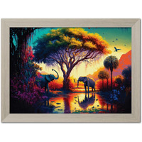 Tenorarts Elephant In Forrest Abstract Modern Art Framed Aesthetic Wall Painting With White Wooden Textures For Living Rooms Bedroom Office - Wall Paintings/Hangings (12Inches X 9Inches)