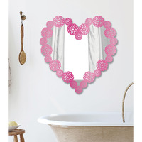 Heureka Pink Color Heart Shape With Flower Design Self Adhesive Wall Acrylic Mirror Sticker (25 Cm X 25 Cm)