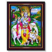 Pavan Photo Laminations Lord Gopala Krishna Murali Gopal Cow Calf Wall Painting Framed Home Decor (Wood,Matte,Brown,Small Size,6 X 8 Inch) B683S