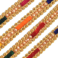 Embroiderymaterial Golden Boho Zari Trim Lace With Pearls & Different Color Strips Lace & Borders Material For Saree Border, Kurta, Dupatta, Blouse, Gown, Lehenga & Neckline (18 Meters, 1Cm Wide)