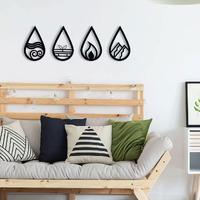 Cvanu Set Of 4 Drop Design Mdf Wall Hanging With Double Sided Tape For Wall Decoration Black (12Inchx8Inch)_W261