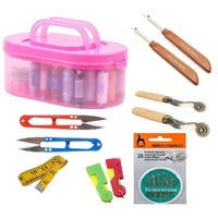 Faas Sewing Tools Combo1Pcs Thread Empty Box/ 2 Pcs Thread Cutter/2 Pcs Tracing Wheel/2 Pcs Plastic Seam Ripper/1 Pcs Measuring Tape & 1 Pcs Sewing Needle Compact/2 Pcs Needle Threader