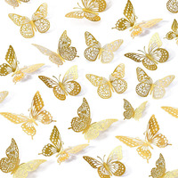 3D Butterfly Home Decor - Shimmer Golden Butterflies Set Of 12 With Sticking Pad (12)
