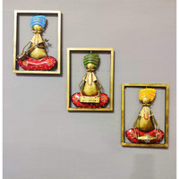Collectible India Rajasthani Musician Playing Different Instrument Metal Wall Hanging Art Showpiece/Decorative Tribal 3 Men Playing Instruments Frames (Multicolour)