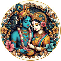 Nozvera Modern Radha Krishna Wall Painting With Frame - Sparkle Glossy Round Golden Framed Large Painting For Office, Living Room, Bedroom, Home Wall Decoration (Design 03, 40 Cm * 40 Cm)