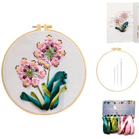 Patpat Ribbon Embroidery 3D Flowers Pattern Design Kit Embroidery Diy Handwork Set Oval Home Decoration