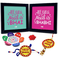 Indigifts Rakhi For Bhaiya Bhabhi | All You Need Is Bhai & Bhabhi Printed Multi 2 Poster Frames 6"X6", Pyara Bhaiya & Pyari Bhabhi Lumba Rakhi Set | Anniversary Gift, Rakshabandhan Gift