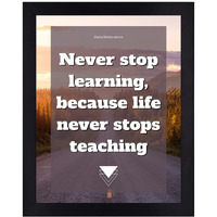 Interio Crafts Inspirational Wall Art Print, Never Stop Learning Quote, Sunset Mountain Scene, Black Frame Synthetic Wood - 13 X 10 Inches