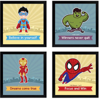 Chaka Chaundh Kid's Spider Man Iron Man Inspirational Quotes Wall Frames For Bedroom - Cartoon Posters (9 X9 Inches) - Set Of 4