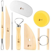 Ganesh Pottery 8 Pcs Wooden Pottery Tool Kit For Sculpting Clay Cleaning Includes Sponge Clay Cutting Modeling Trimming Tools For Beginner Level Pottery Smoothing Cleaning Carving Shaping Sculpting