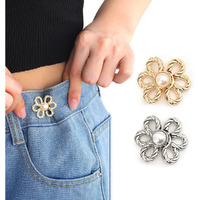 2 Sets Pant Waist Tightener, Adjustable Buttons Pins For Loose Jeans, No Sewing Waistband Extenders Pants Clips For Women Skirt (Flower)