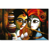 Rangoli 100% Cotton Stretched Canvas Painting 400 Gsm, Framed Radha Krishna Abstract Wall Art For Living Room, 3D Paintings For Wall Decor (36 X 24 Inch With Frame)