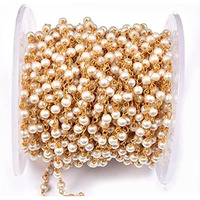 Beadsnfashion Fine Quality Glass Pearl Beads Aati Chain In Long Lasting Brass Wire 3 Mm For Jewelry Making, Embellishing Handbags, Garments And Diy Projects, Pack Of 5 Mtrs, White