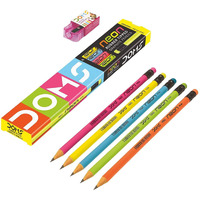 Doms Neon Wooden Pencils School Stationary Rubber Tipped Graphite For Kids, Boys & Girls Pack Of 30