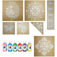 Swagstation Mandala Rangoli Stencils Set Rangoli Stencil Big Size For Floor (Set Of 7 Stencil, 6 Rangoli Colors Set, Mandala Decorative Stencils Combo) Mandala Rangoli Making Tools Kit, Multi