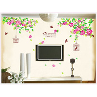 Indian Royals Large Pink Hibiscus Flower Bird Cage Wall Sticker For Living Room, Home Garden Nature Decor (90*60 Cm)