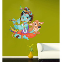 Ghar Kraft Lord Krishna Playing Flute With Calf Wall Sticker For Pooja Room, Hall, Home Decor