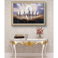 Elegance Vastu Seven Running White Horses Painting Sunrise Picture Photo Frame Outer Size- 19.5 Length X 13.5 Height Inch