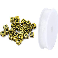 Beadsnfashion 500 Pcs Acrylic Round A To Z Alphabet Letter Beads Gold 6Mm 10 Mtrs Crystal String Elastic Cord For Jewellery Making, Diy Bracelets, Necklace, Key Chains And Kids Jewellery