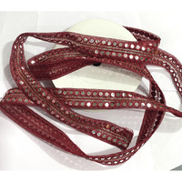 Omx 9 Mtr Roll Of Net Lace With Mirror, 2 Lines Sequence Mirror Ribbon Patti Lace (Border) With 36 Mm (1.4 Inch) Width, Saree Border, Party Decoration, Craftwork (Dark Mehroon Red)