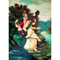 Goddess Saraswati - Ravi Varma Paintings Poster For Wall | Raja Ravi Varma Paintings Sticker | Ravi Varma Wall Art Posters For Living Room Decoration