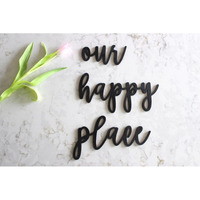 Meraki Mart Our Happy Place Sign Designed Art Of Wood Wall Hanging Decor Plaque Sculptures Black Wall Decoration Round Contemporary Home, Bedroom, Bathroom, Office, Cafe (Pack Of 3, 12 Inches)