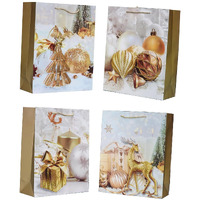 Teesta 3D Multi Various Designing Merry Christmas Theme Printed Gift Wrapping Bag Exclusive Look Tote Bag For Clothing Present Box Packaging Xmas Party Bag (Golden, Medium -Set Of 4)