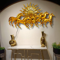 Rsn Golden 7 Running Horses With Sun - Metal Wall Decor, With Led Light For Living Room, Drawing Room, And Office Decor-Size-50X2X26 Inch