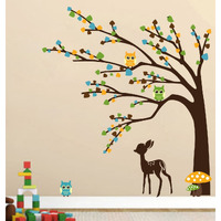Ghar Kraft Tree With Multi Color Leaves & Cute Animals Self-Adhesive Wall Sticker For Home Decor/Decoration - Living Room, Bedroom, Kids Room
