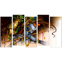 Ladecor Krishna Wall Paintings With Frame For Bedroom Living Room Size 27 X 50 Inch,Split 5 Frames (E) - Acrylic