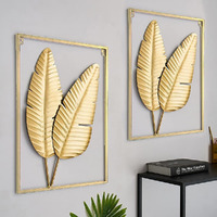 Street Craft Gold Metal Wall Decor Set Of 2 Leaf Wall Hanging Home Decor With Frame, Metal Wall Art Decor Wall Sculptures For Living Room, Bedroom, Office, Hotel (Size 15" X 22")