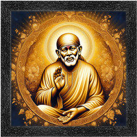 Dharvika Innovations Saibaba Photo Frame, 14X14 Inch, Black Synthetic Frame With Sparkle Coated Lamination