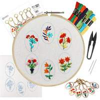 Embroiderymaterial 8-Inch Embroidery Kit For Beginners With Mdf Key Rings (Oval Shape)  Includes Floral Designs, Needles, Cutter, Threads, Hand-Printed Fabric, And Instruction Guide
