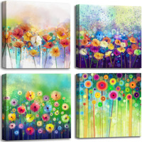 Colorful Flowers Canvas Wall Art, Abstract Floral Artwork Painting Prints Modern Watercolor Pictures Framed For Living Room Bedroom Bathroom Office Home Decor - 12"X12"