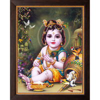 Art N Store: Bal Krishna Playing With Mor Pankha And Enjoying/High Contrast Hd Printed Picture/Religious & Decor Poster Painting With Frame (30 X 23.5 X 1.5 Cm_ Brown Wood)