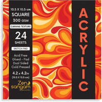 Zen Sangam Artists Square Acrylics Glued Sketch Paper Pad - 300Gsm, Cold Pressed, (24 Sheets) - Canvas Texture Surface (10.5Cm X 10.5Cm) For Acrylics,Tempera,Poster Paint,Heavy-Body Paints,Oil Paints