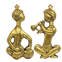 Fashion Bizz Set Of 2 Musicians Metal Wall Hanging Decorative Showpiece - 32 Cm (Metal, Gold)