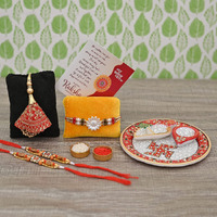 Craftam Rakhi Gifts For Brother Combo Set- Marble Pooja Thali, Raksha Bandhan Greeting, Roli Rice Pack And 4 Rakhi (For Bhaiya, Bhabi And 2 Kids)