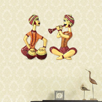 Handicrafts Paradise Metal Indian Men Playing Musical Instruments Wall Hanging Figurine, Multicolours, 13.75 Inch, 2 Pcs