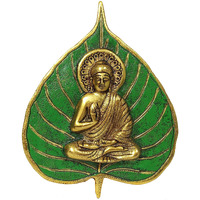 Purpledip Metal Wall Hanging Buddha: Gold Finish Buddha Idol On Painted Leaf (12188)