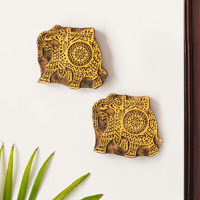 Exclusivelane 'Tusker' Hand Carved Sheesham Wood Blocks Wall Hanging (Medallion Yellow & Brown, 13.4 Cm X 2.7 Cm X 10.7 Cm)- Set Of 2