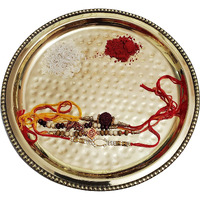 Pure Source India Set Of 5 Designer Rakhi For Brother On Rakshabandhan With Brass Pooja Plate, Multicolor