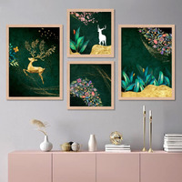 Kalit Kala Decor Paintings For Wall Decoration With Frame | Golden Deer In Forest Paintings For Living Room, Bedroom | Big Size Set Of 4